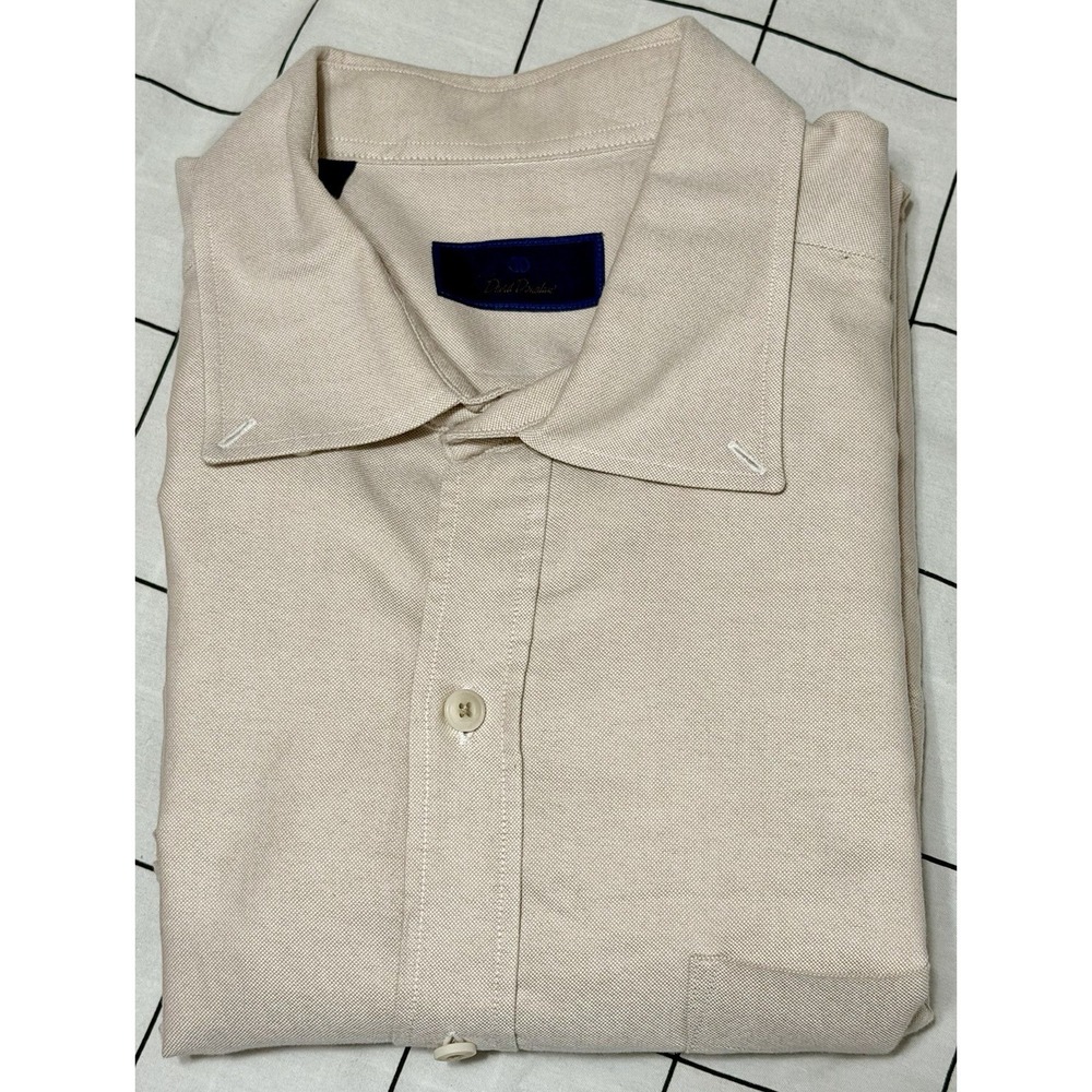 David Donahue Dress Shirt Mens Large Beige Classic Long Sleeve Button Up Cotton